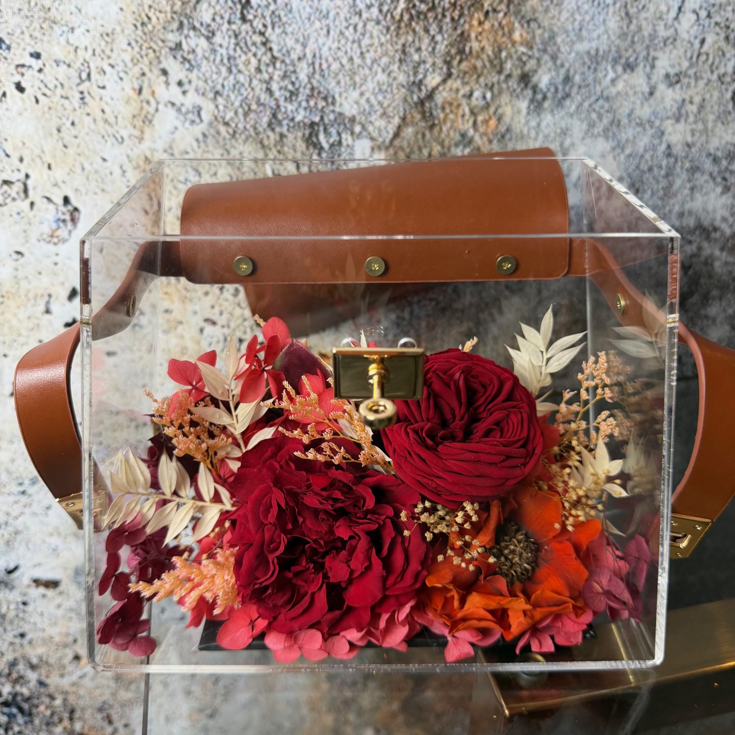 Luxury Acrylic Handbag With Preserved Roses And Anemone 