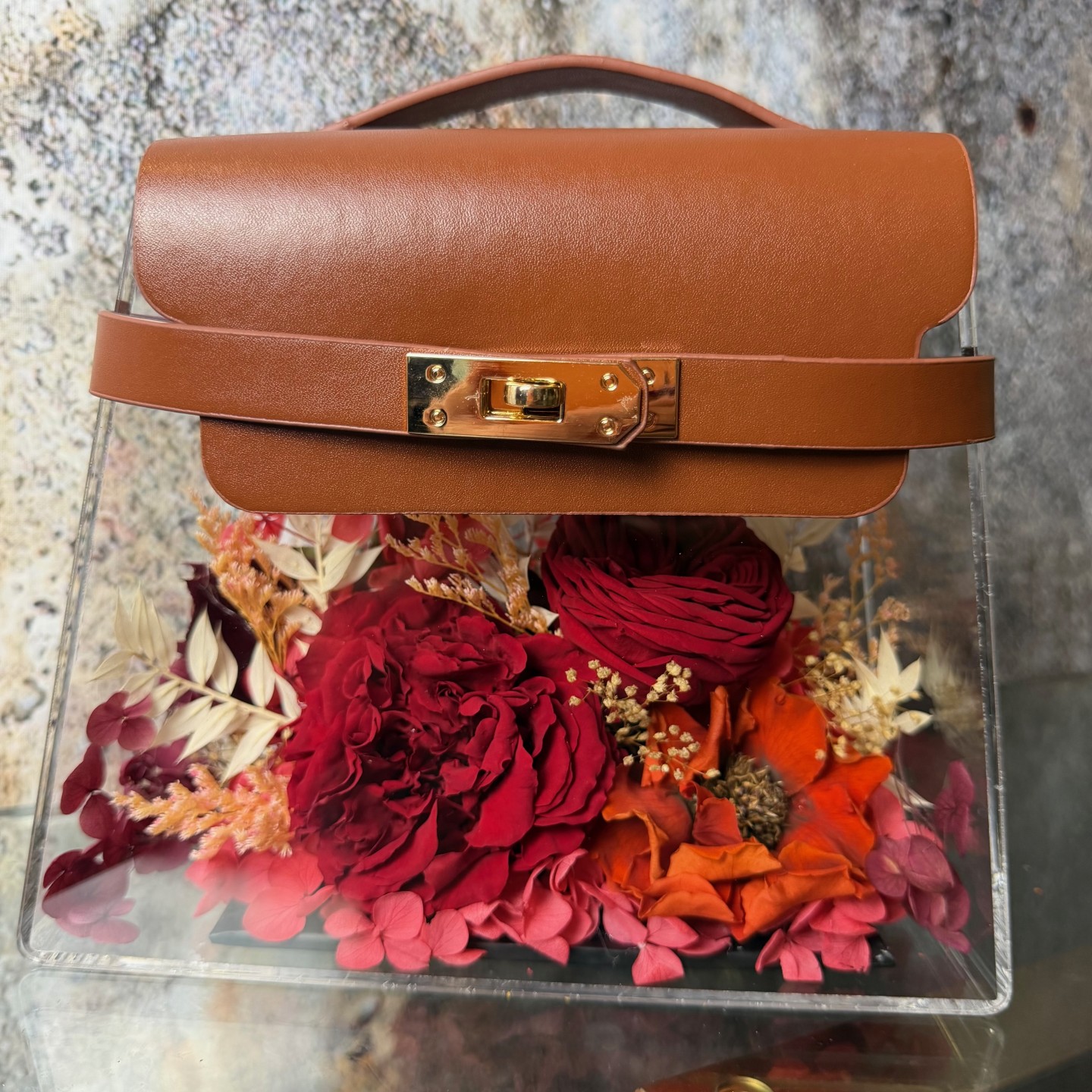 Luxury Acrylic Handbag With Preserved Roses And Anemone 