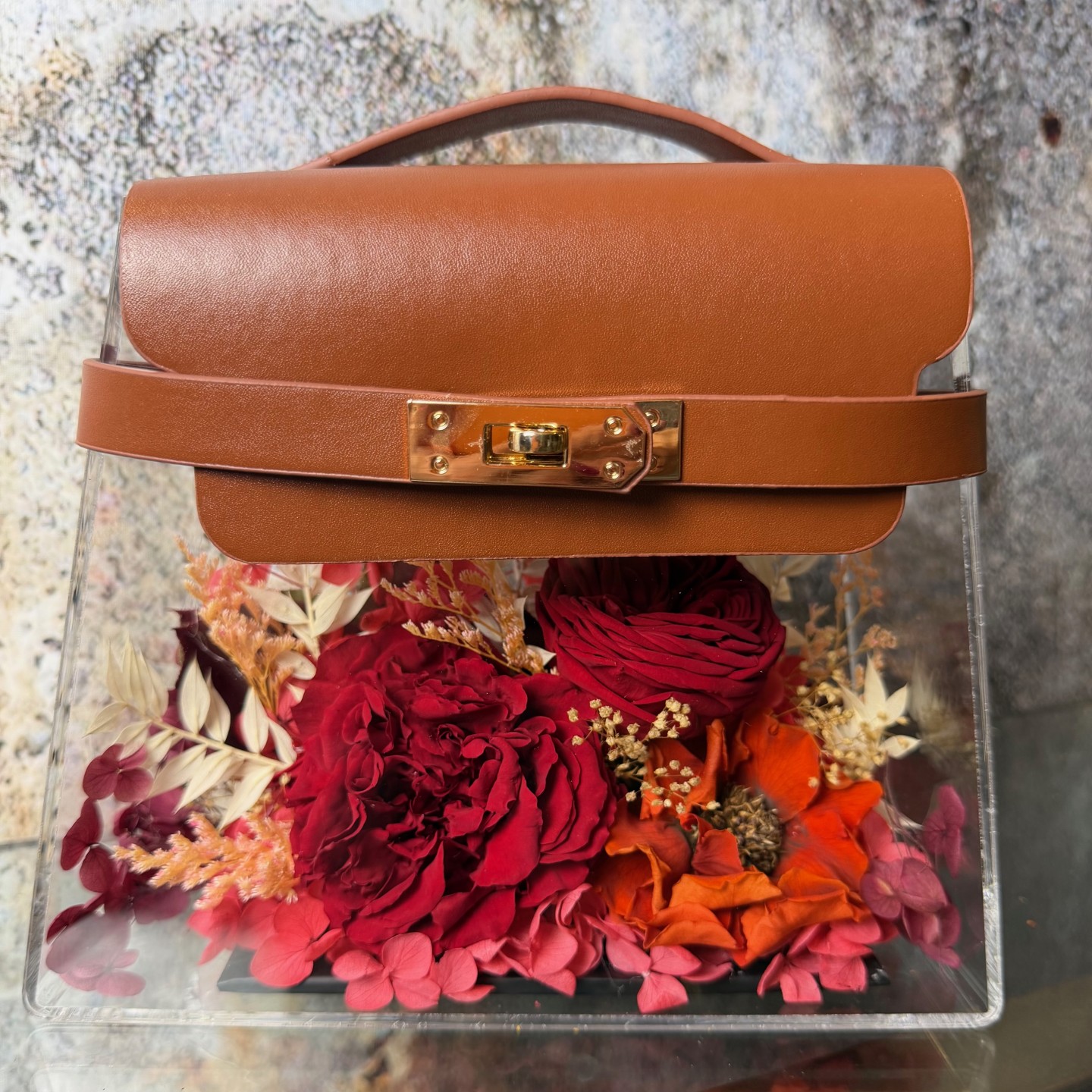 Luxury Acrylic Handbag With Preserved Roses And Anemone 