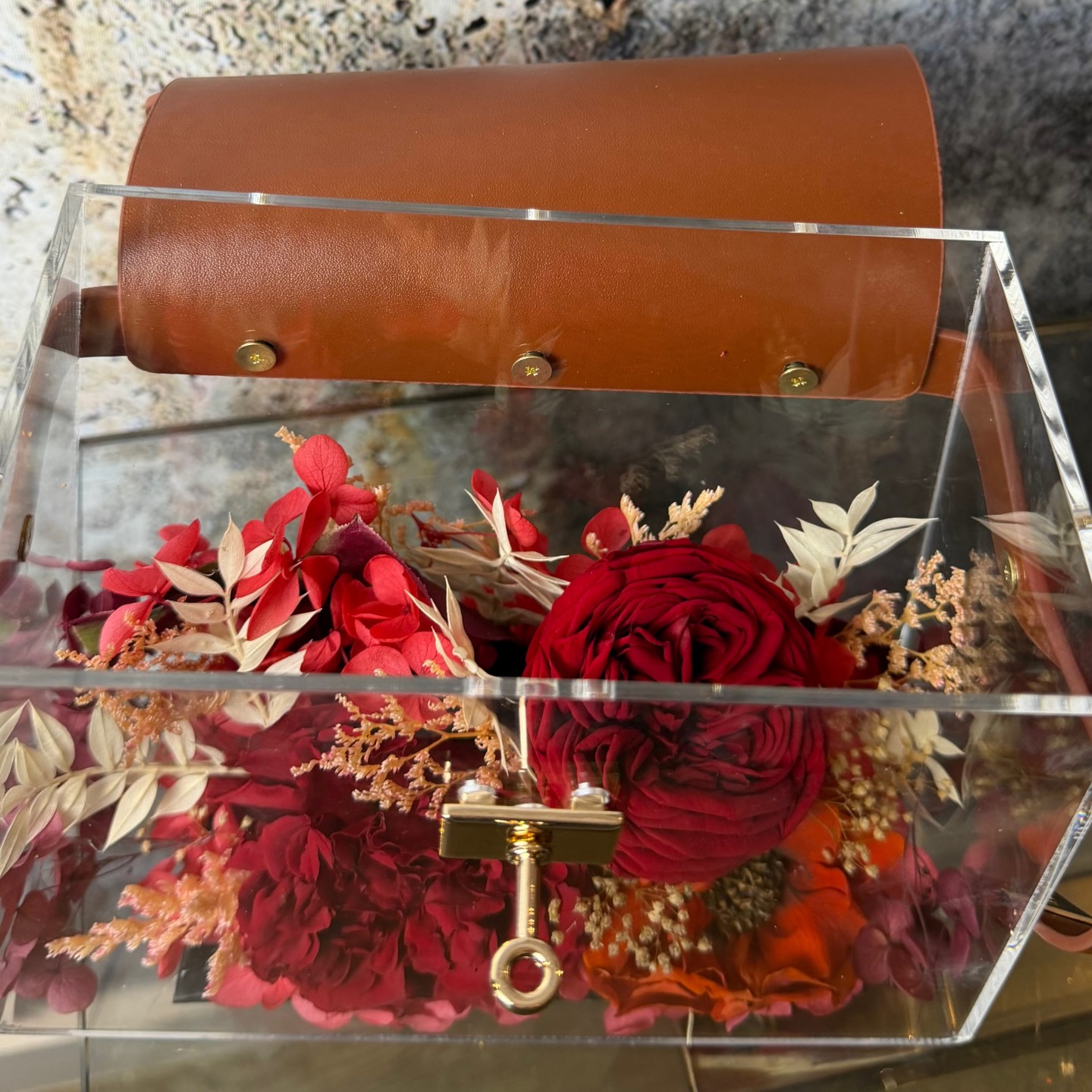Luxury Acrylic Handbag With Preserved Roses And Anemone 