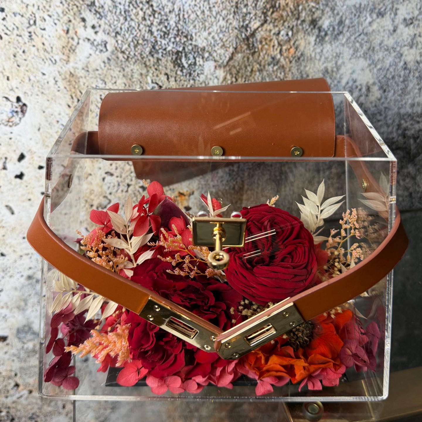 Luxury Acrylic Handbag With Preserved Roses And Anemone 