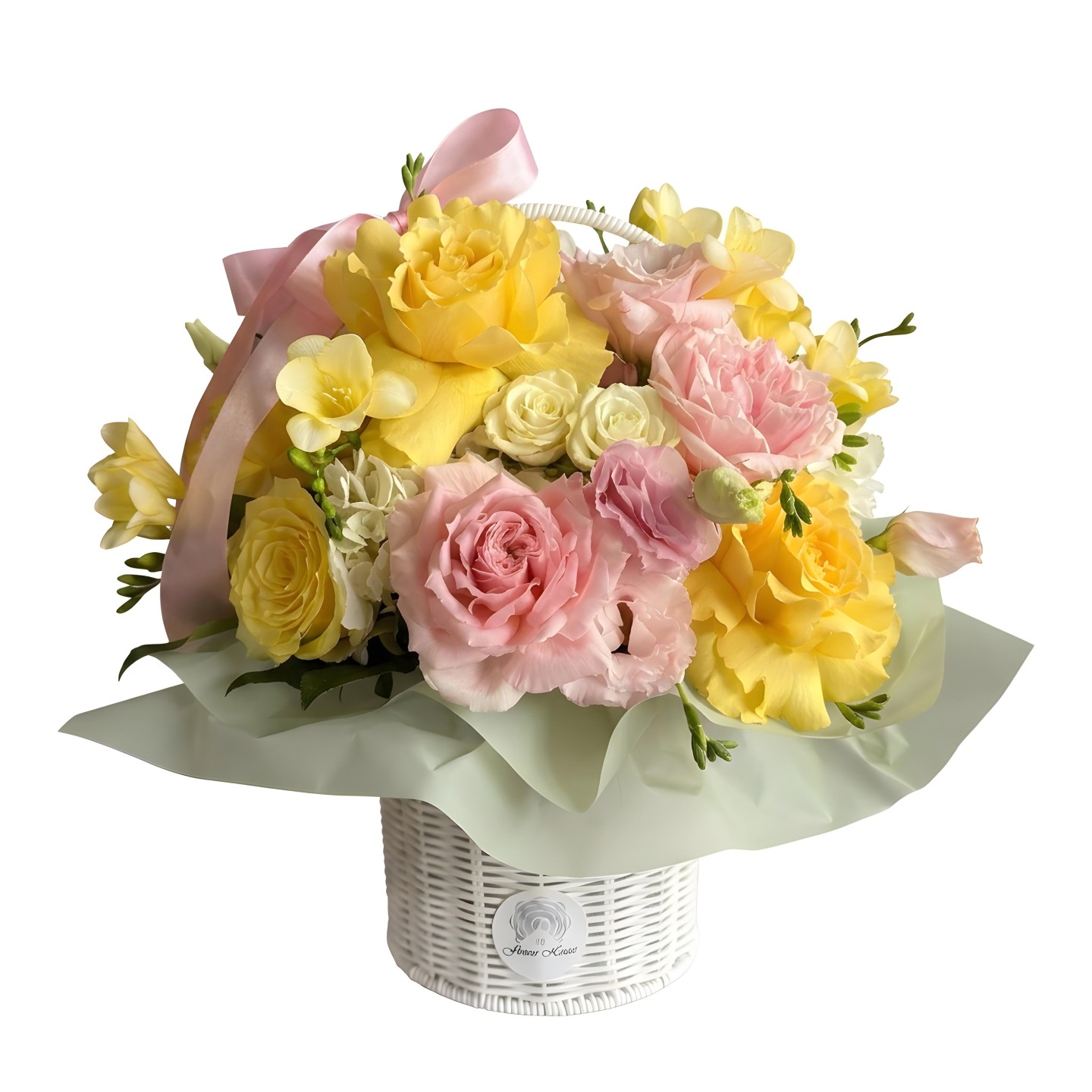 Sweet Elegance Basket – Hydrangeas, Garden Roses, Freesia, Spray Roses & Lisianthus