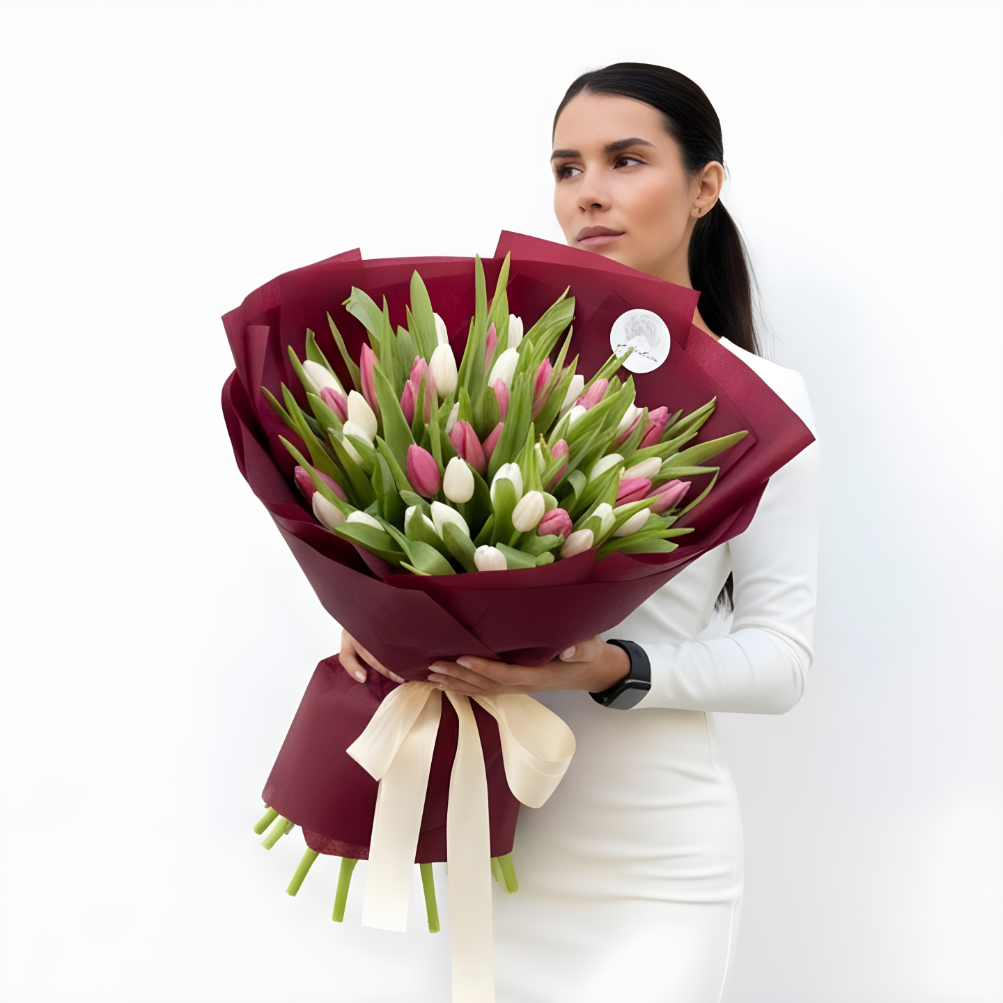 Madilyn 50-Tulip Hand-Tied Bouquet in White & Light Pink