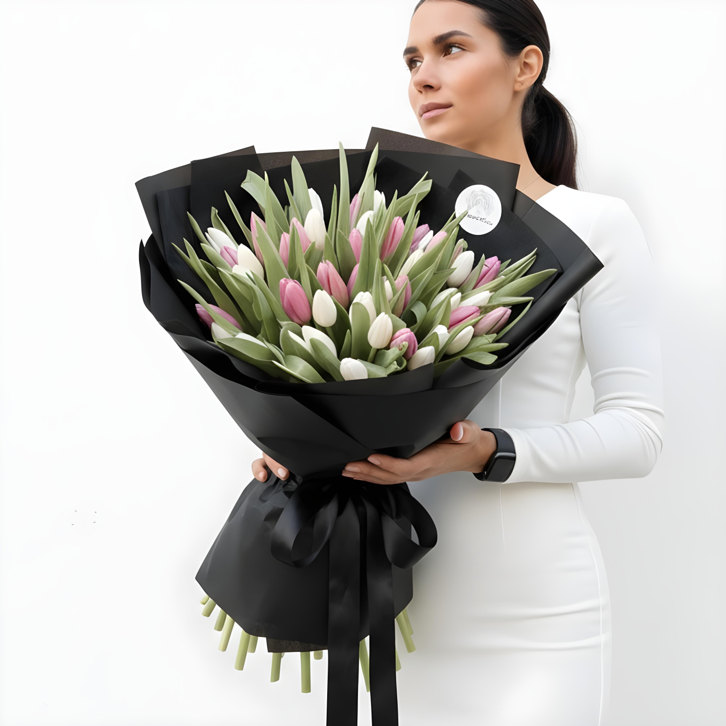 Madilyn 50-Tulip Hand-Tied Bouquet in White & Light Pink
