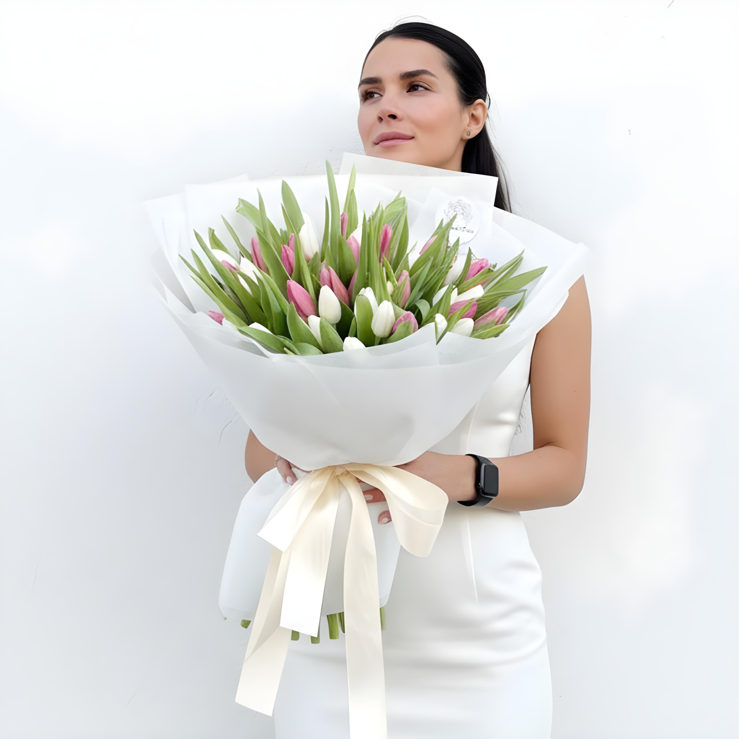 Madilyn 50-Tulip Hand-Tied Bouquet in White & Light Pink