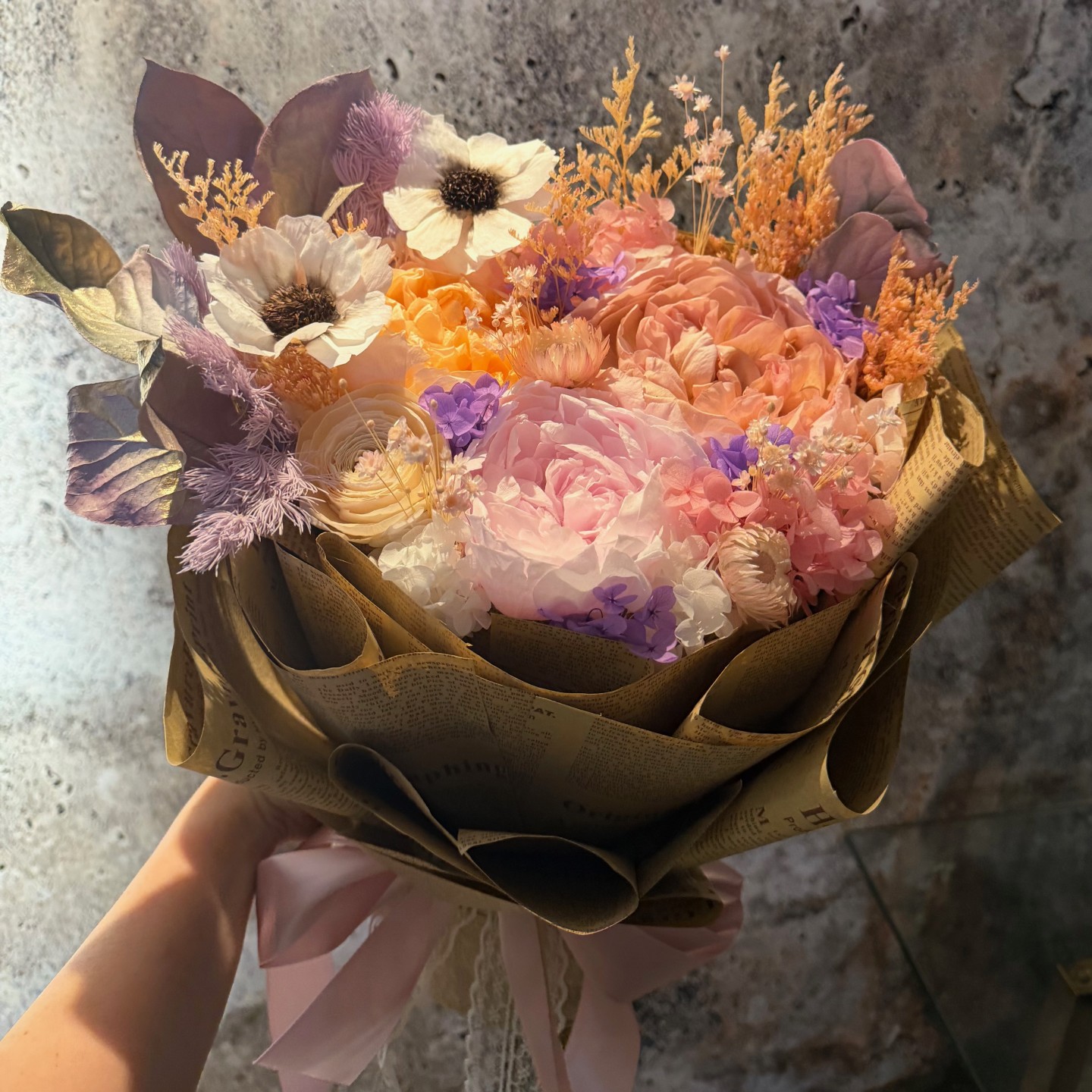 Luxury Preserved Flowers Bouquet - Peonies, Anemones, Ranunculus and Hydrangeas