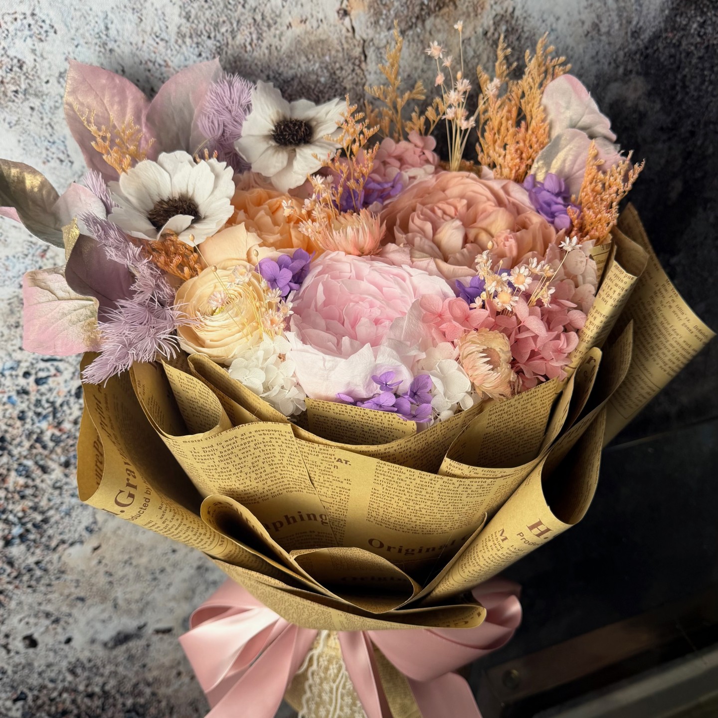 Luxury Preserved Flowers Bouquet - Peonies, Anemones, Ranunculus and Hydrangeas