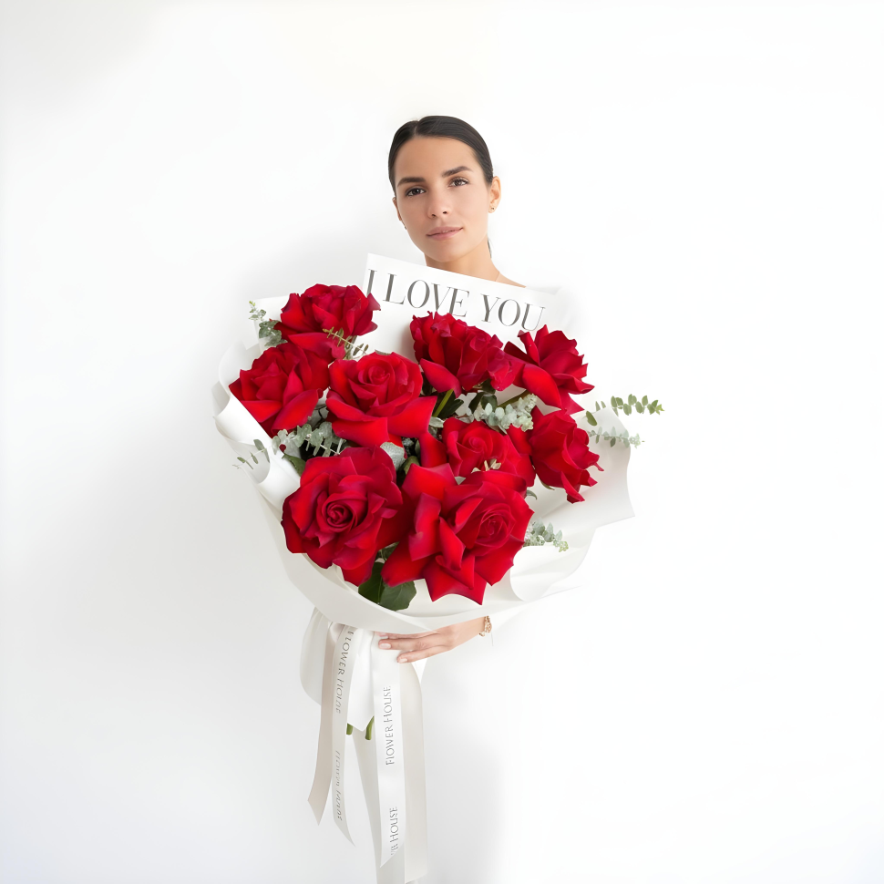 Red Rosed Love You Cloud Fresh Hand Tied Flower Bouquet