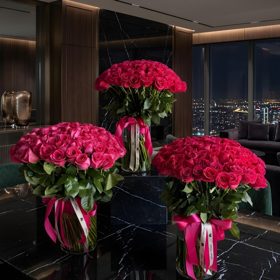 The Prestige Trio – 300 Roses in Vases