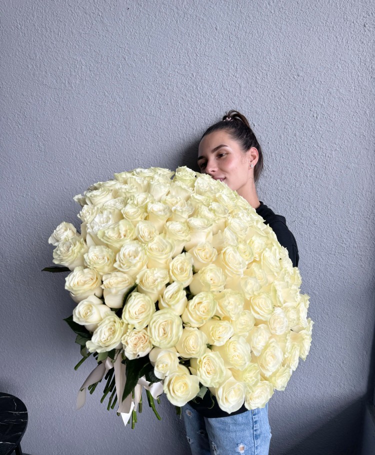 100 White Roses Hand-Tied Bouquet