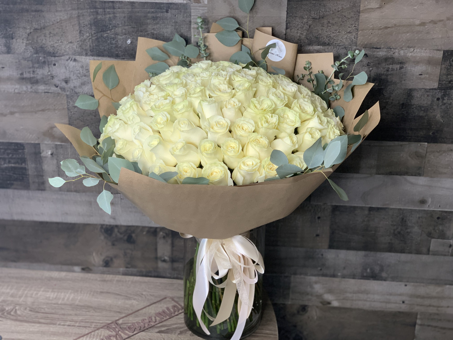 100 White Roses Hand-Tied Bouquet