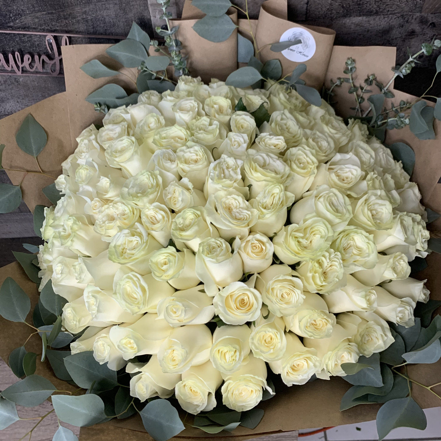 100 White Roses Hand-Tied Bouquet
