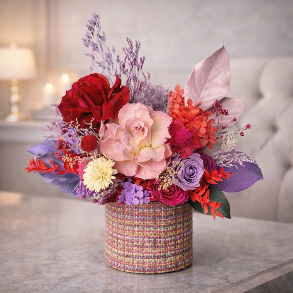 Tweed Box with Preserved Roses And Hydrangeas