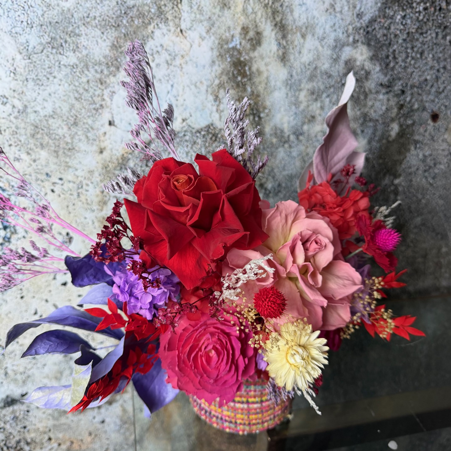 Tweed Box with Preserved Roses And Hydrangeas