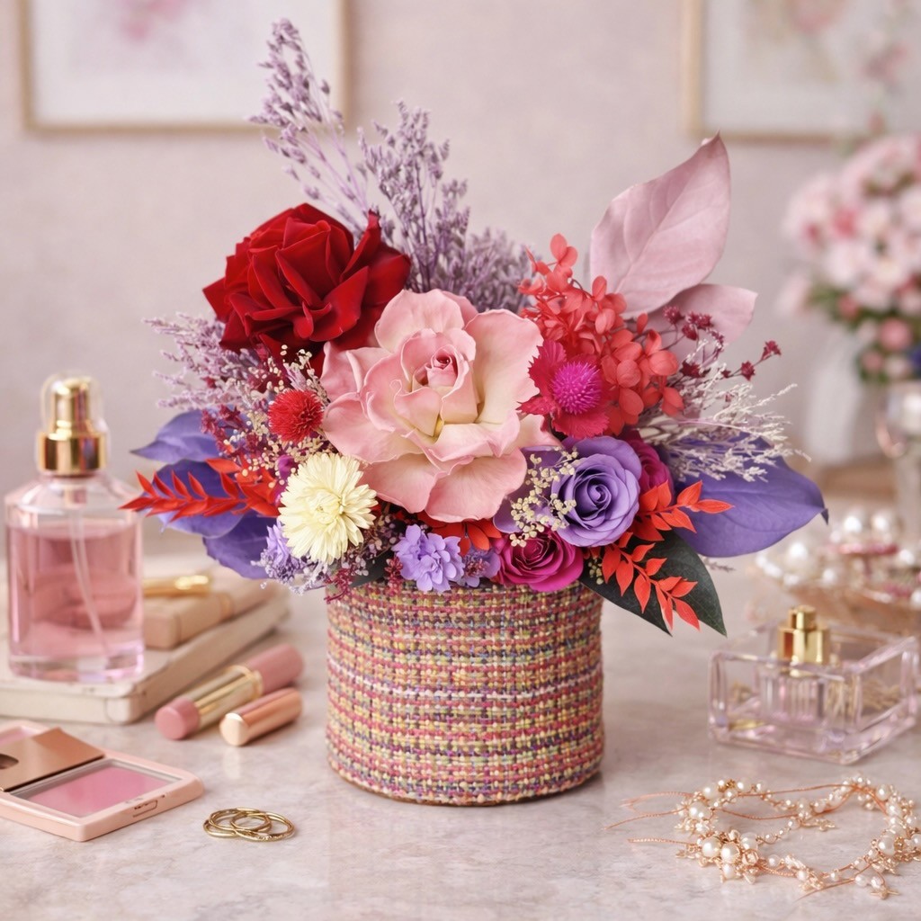 Tweed Box with Preserved Roses And Hydrangeas