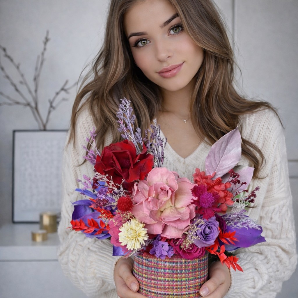 Tweed Box with Preserved Roses And Hydrangeas