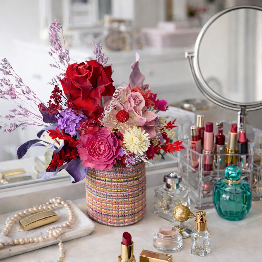 Tweed Box with Preserved Roses And Hydrangeas