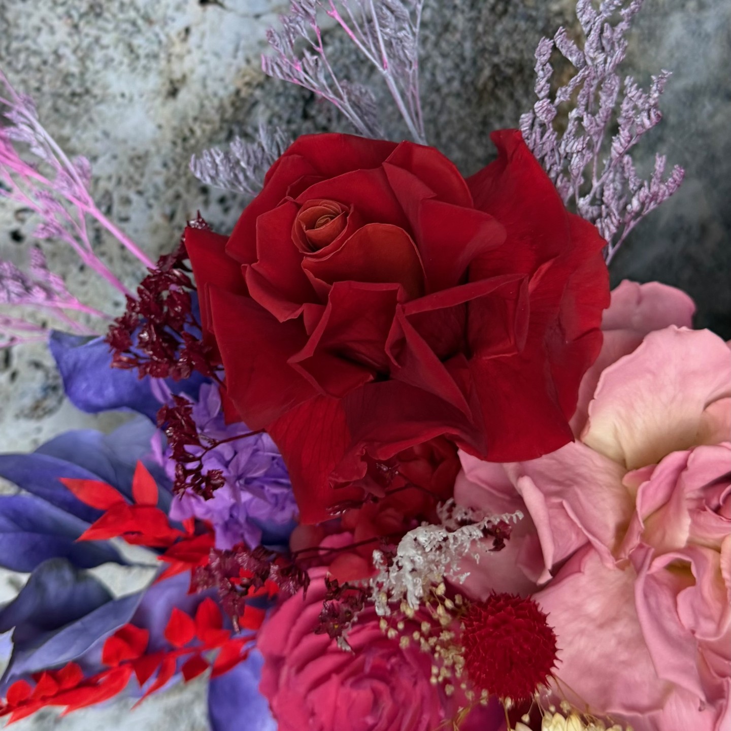 Tweed Box with Preserved Roses And Hydrangeas