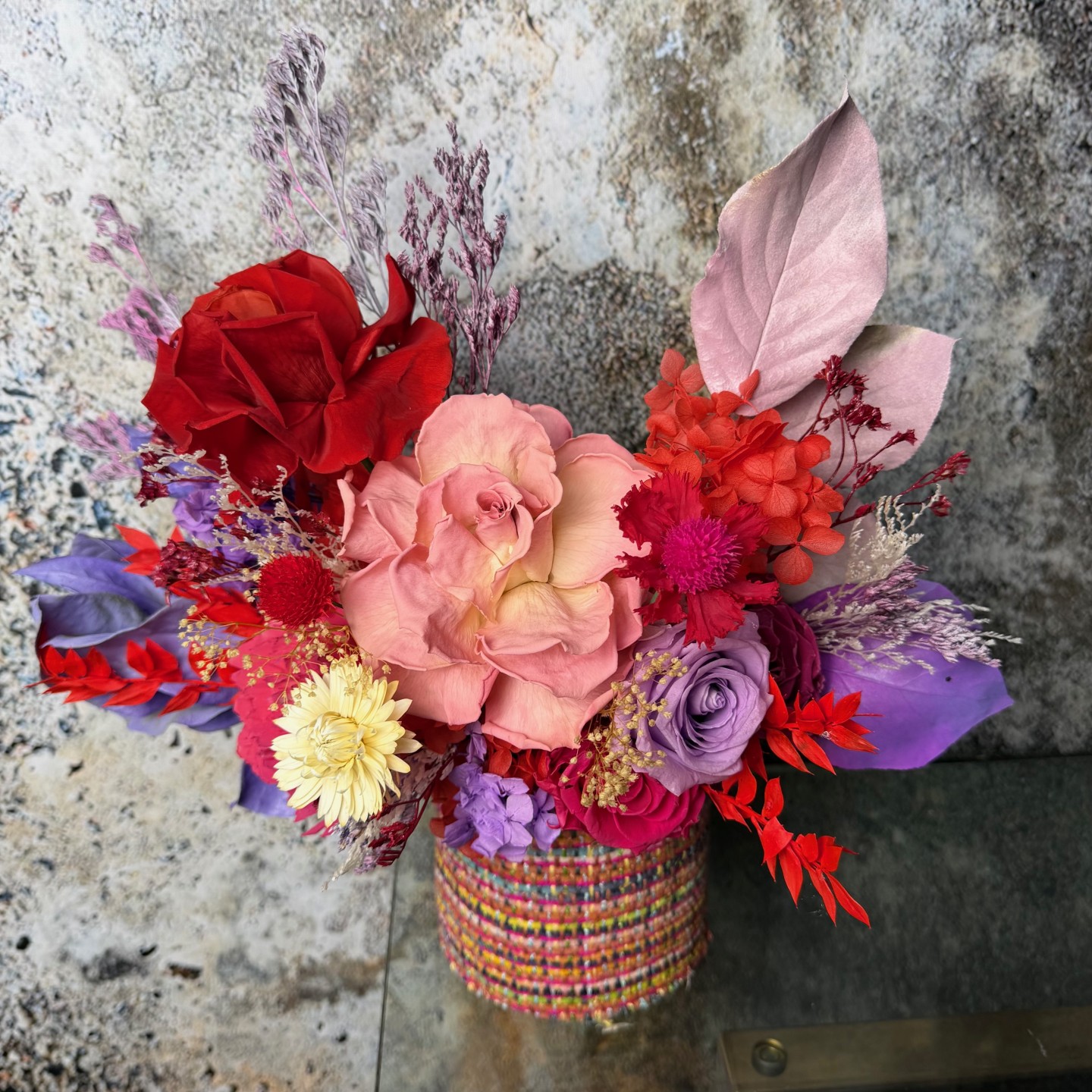 Tweed Box with Preserved Roses And Hydrangeas
