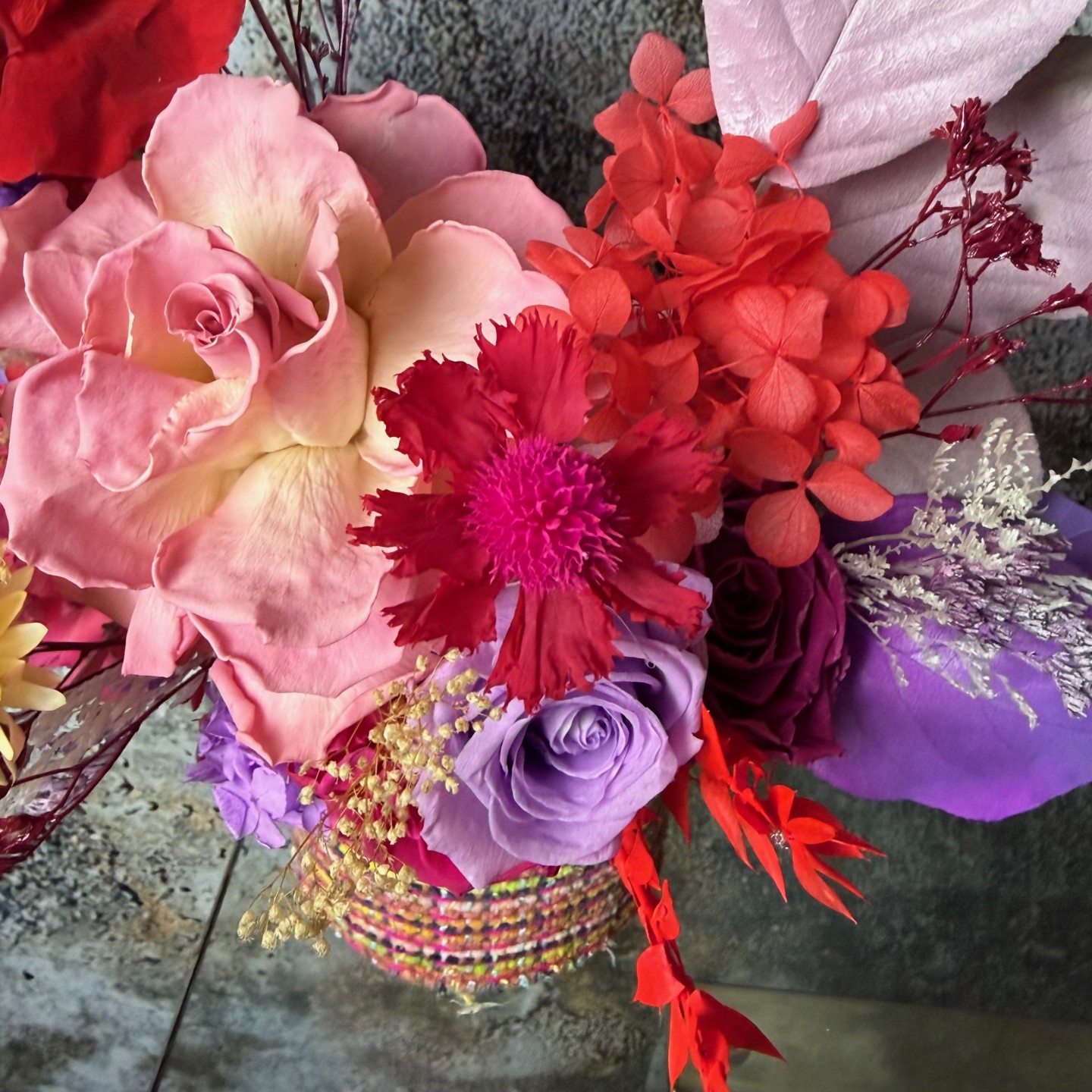Tweed Box with Preserved Roses And Hydrangeas