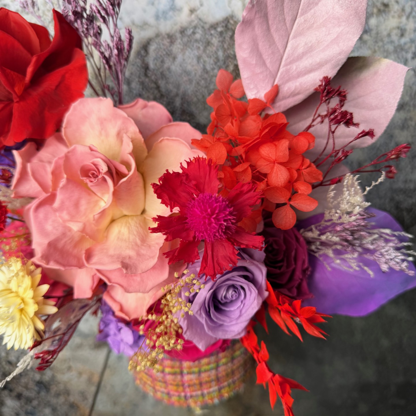 Tweed Box with Preserved Roses And Hydrangeas