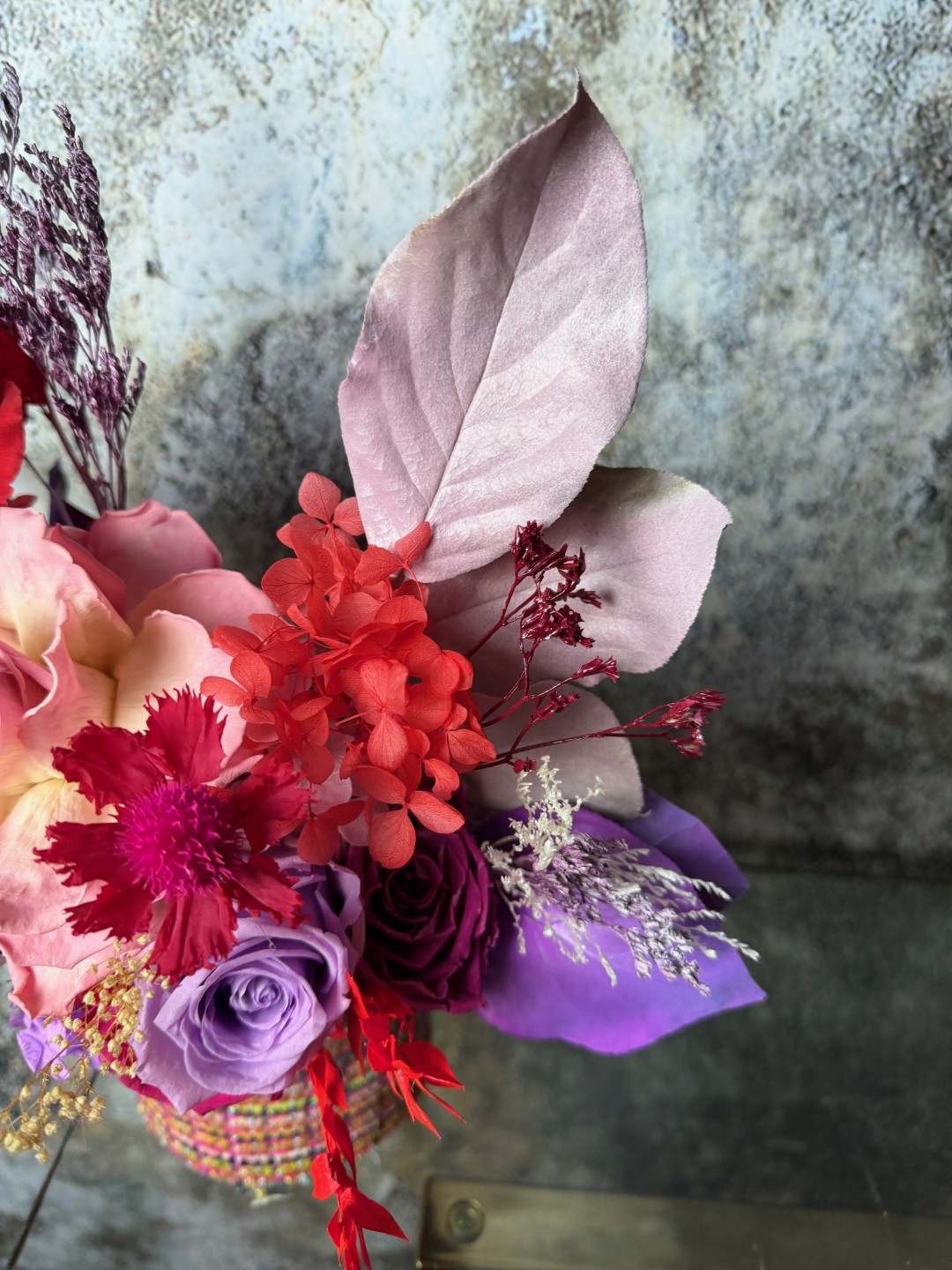 Tweed Box with Preserved Roses And Hydrangeas