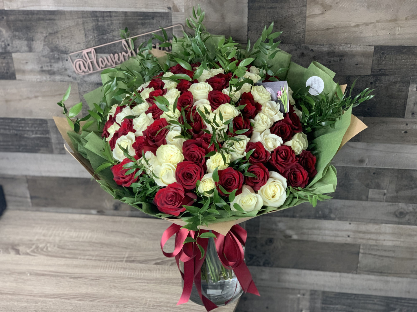 100 Red and White Roses Hand-Tied Bouquet 