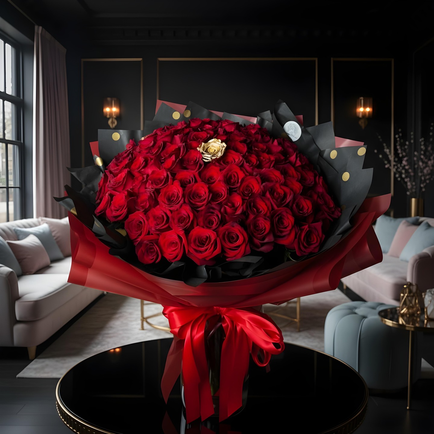 100 Red Roses With 1 Gold Rose In The Middle Hand-Tied Bouquet