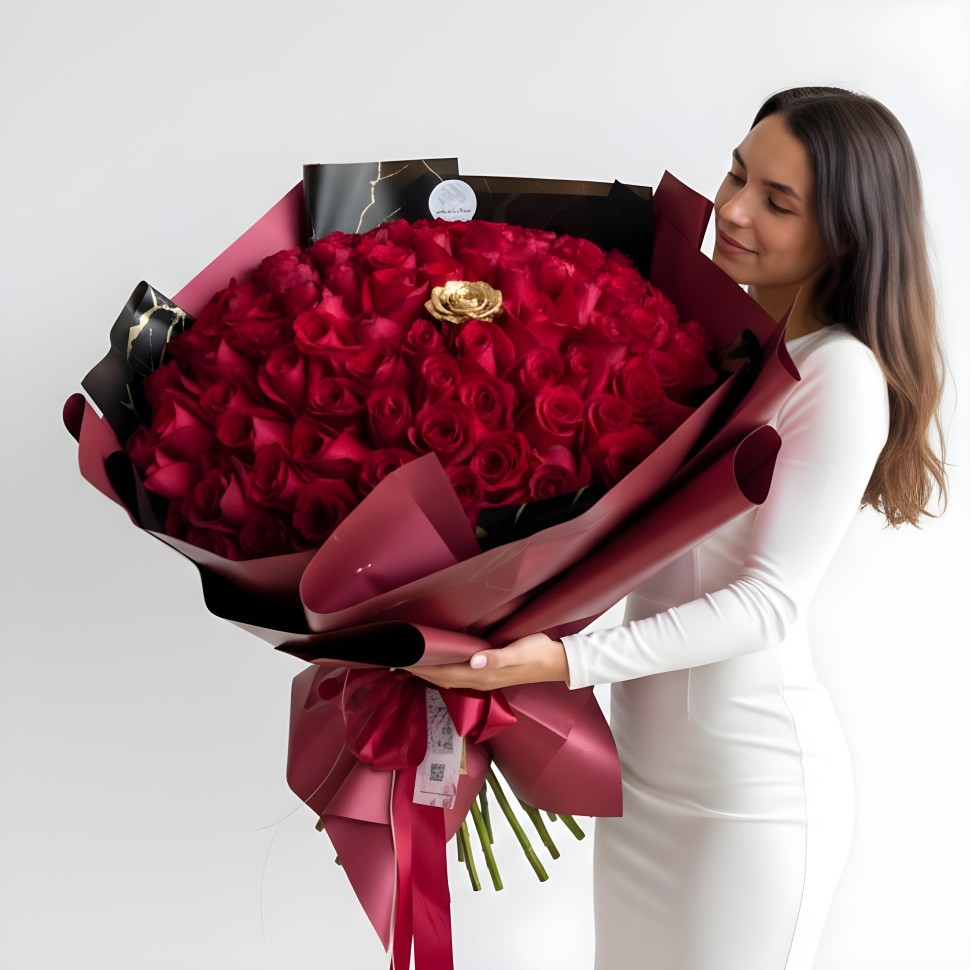 100 Red Roses With 1 Gold Rose In The Middle Hand-Tied Bouquet