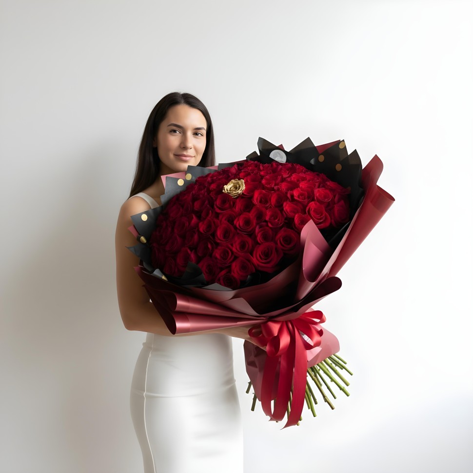 100 Red Roses With 1 Gold Rose In The Middle Hand-Tied Bouquet 100 Red Roses With 1 Gold Rose In The Middle Hand-Tied Bouquet