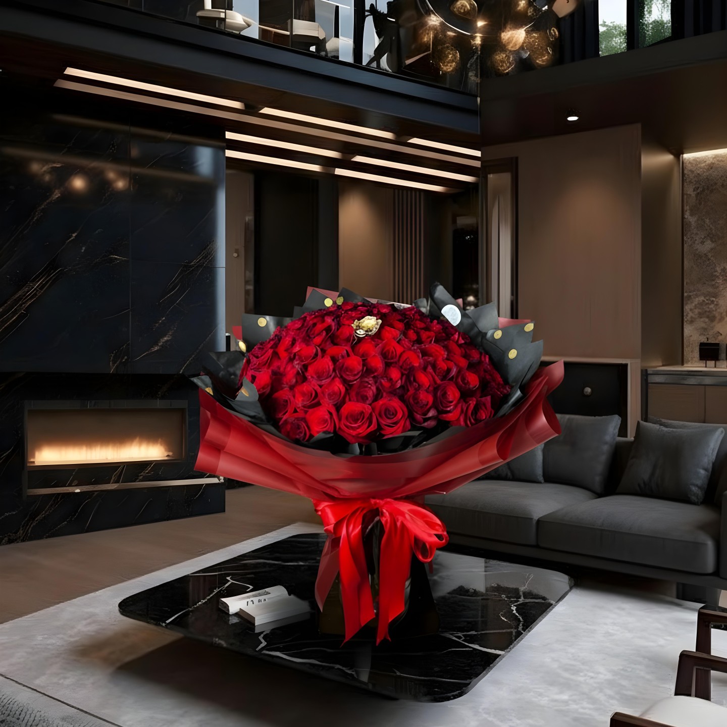 100 Red Roses With 1 Gold Rose In The Middle Hand-Tied Bouquet