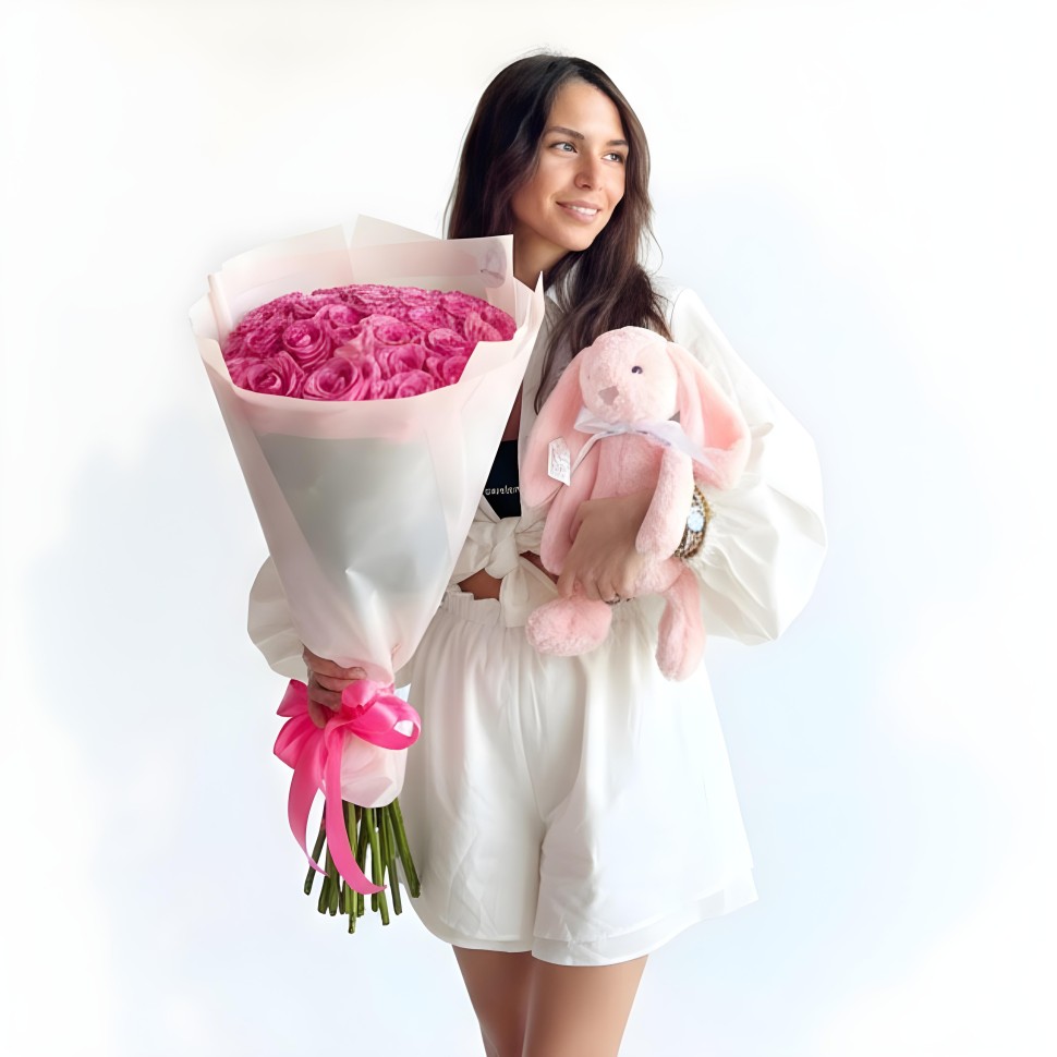 New Mom of Girl Hand Tied Roses Bouquet and Plush Rabbit Toy