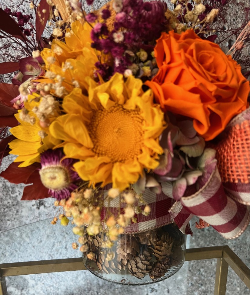 Thanksgiving arrangement with preserved sunflowers