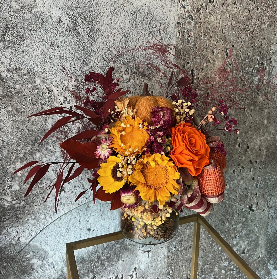 Thanksgiving arrangement with preserved sunflowers