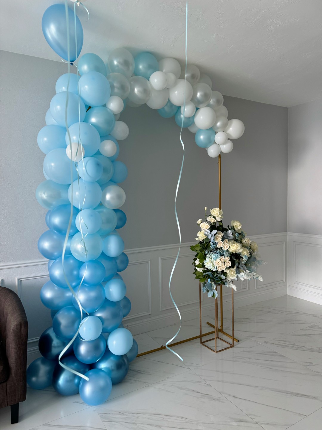 Cloud Balloon Semi Arch With Flower Arrangement