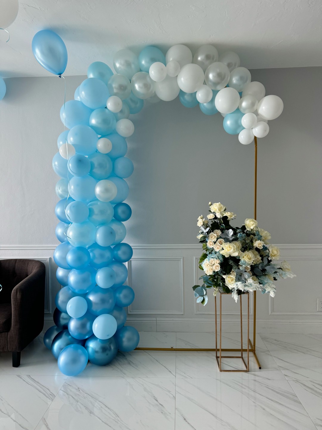 Cloud Balloon Semi Arch With Flower Arrangement