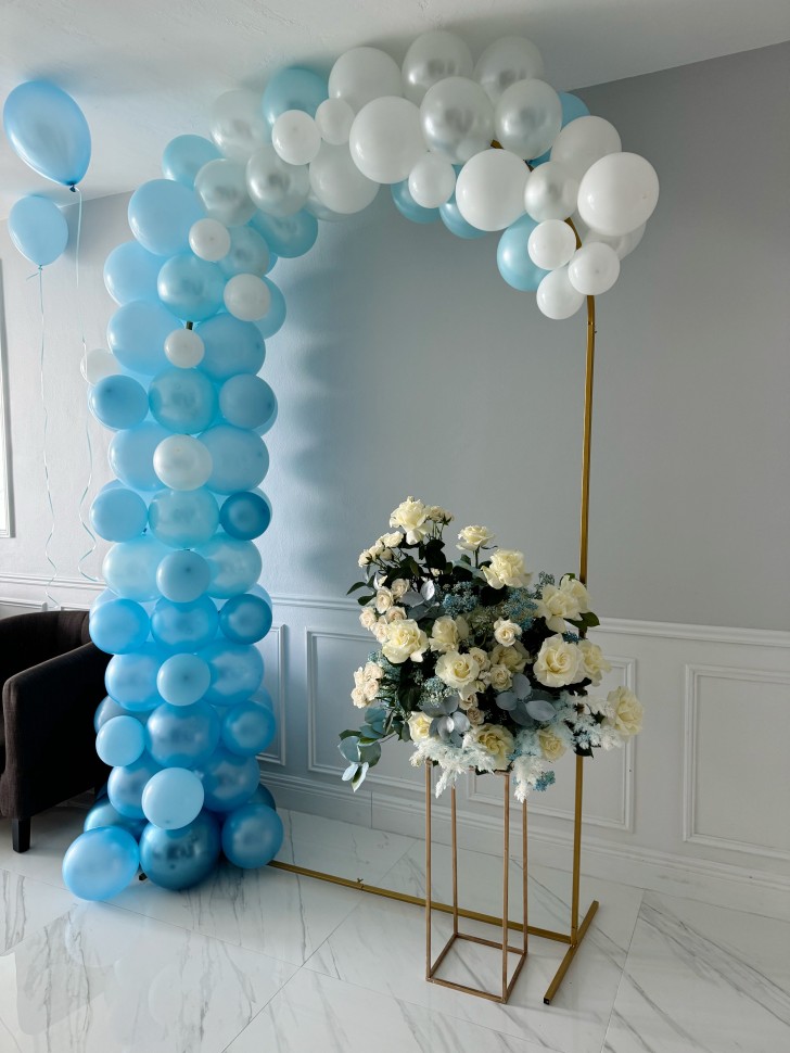 Cloud Balloon Semi Arch With Flower Arrangement