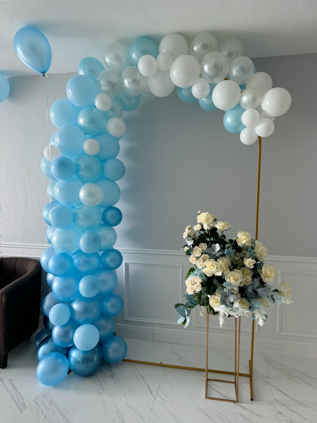 Cloud Balloon Semi Arch With Flower Arrangement