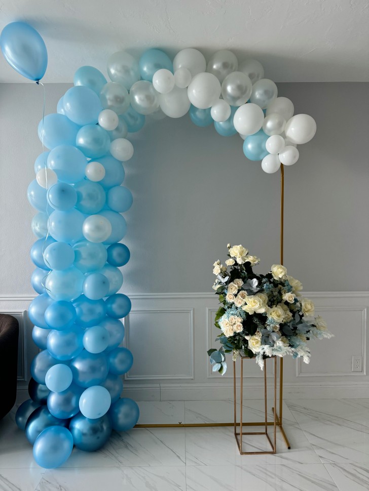 Cloud Balloon Semi Arch With Flower Arrangement