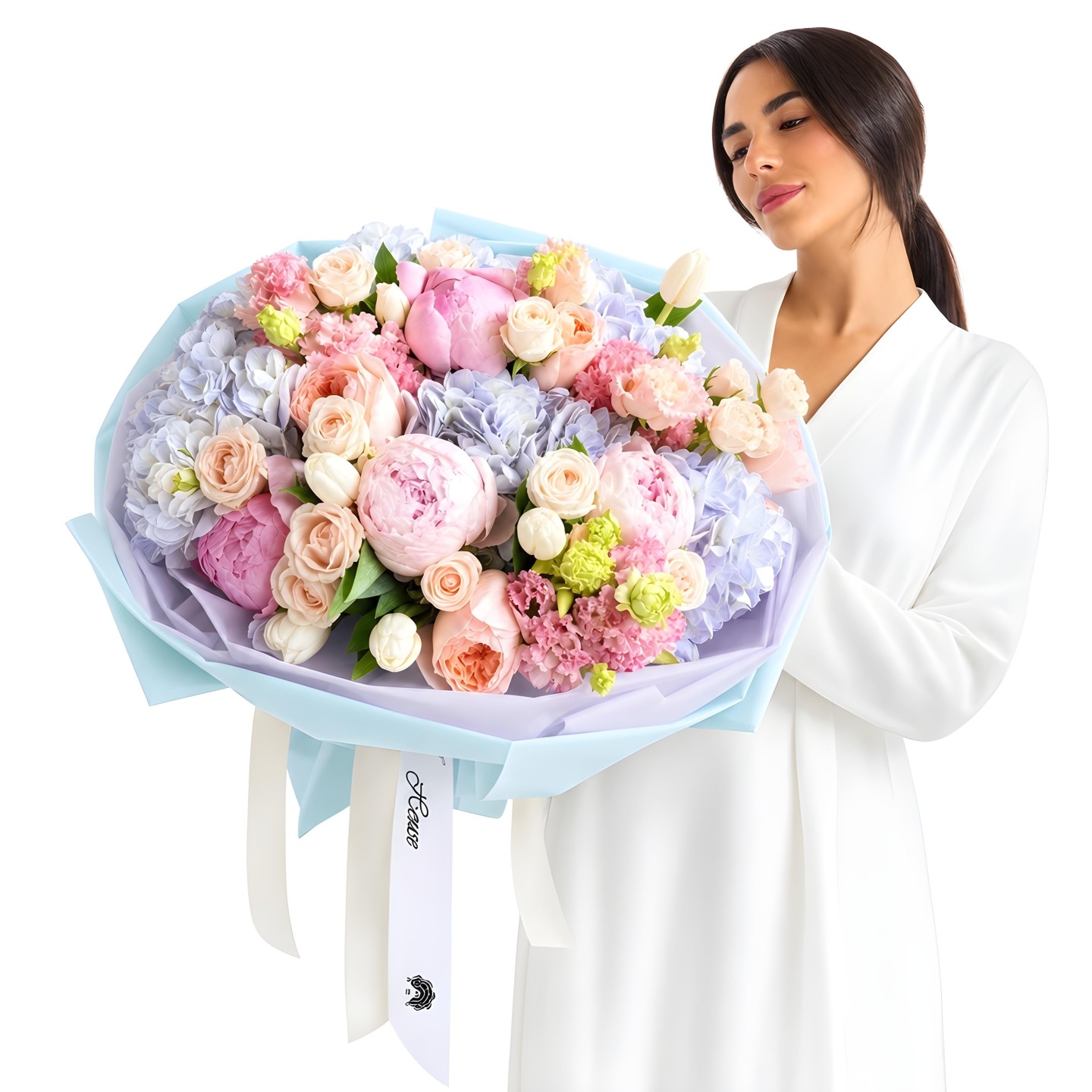 Blushing Garden Basket – Hydrangeas, Garden Roses, Lisianthus, Tulips & Spray Roses