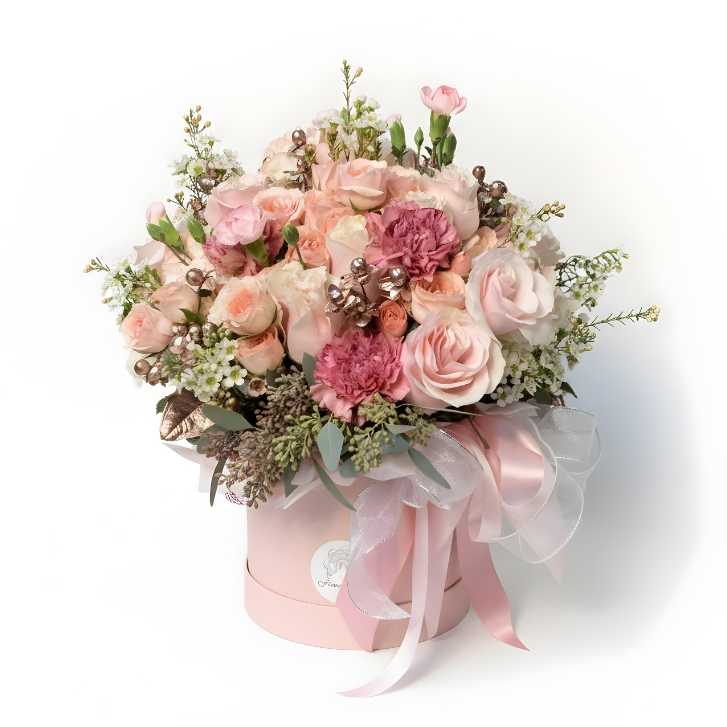Rose Gold Trinity Flower Box (Roses, Spray Roses, Carnations, Hypericum)