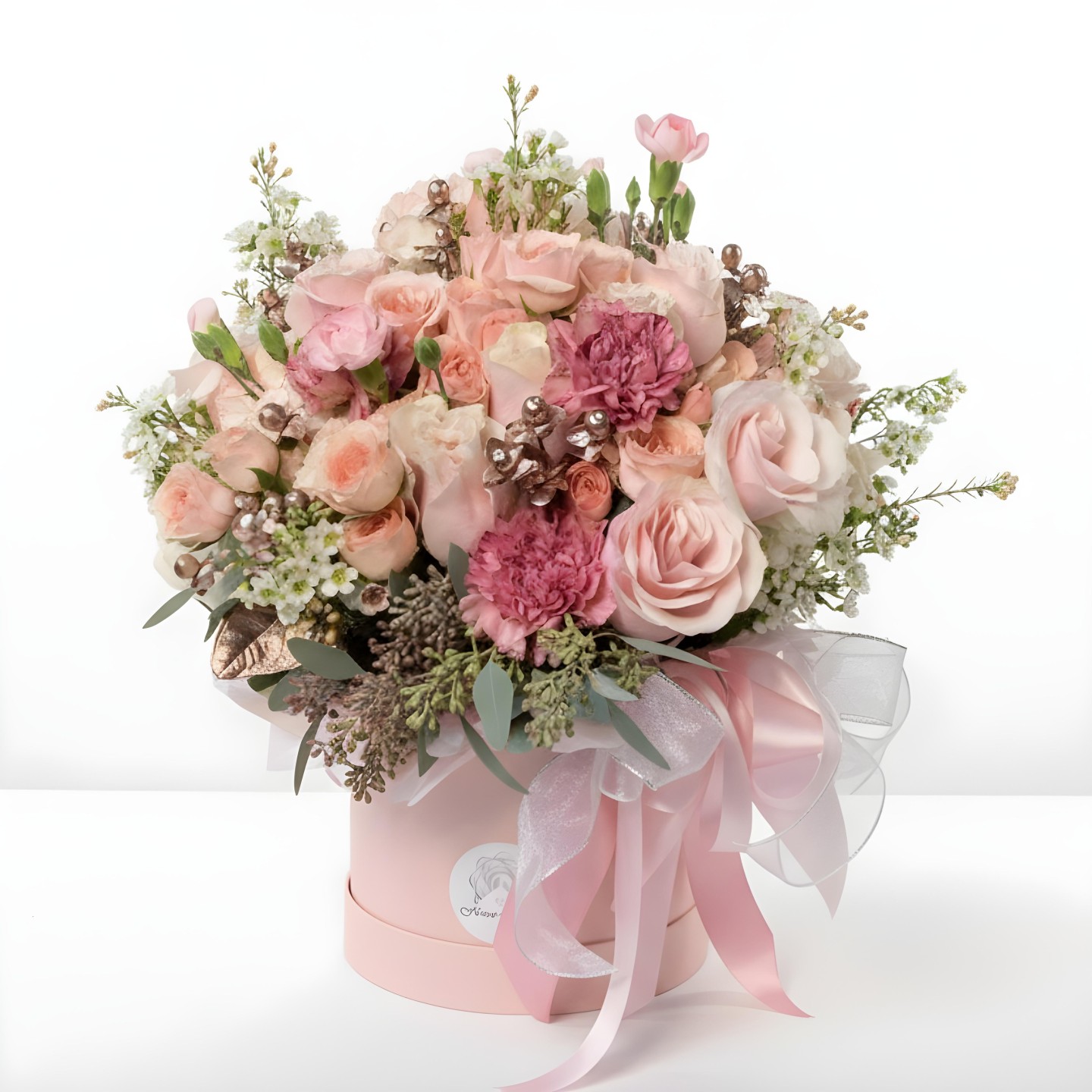 Rose Gold Trinity Flower Box (Roses, Spray Roses, Carnations, Hypericum)
