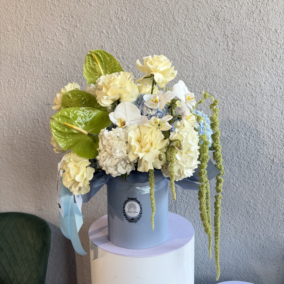 Opulent Bloom Box – Opened Roses, Hydrangeas, Anthuriums, Orchids