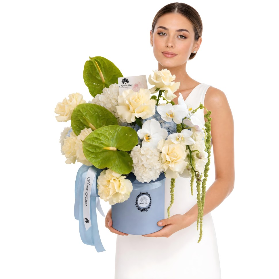Opulent Bloom Box – Opened Roses, Hydrangeas, Anthuriums, Orchids