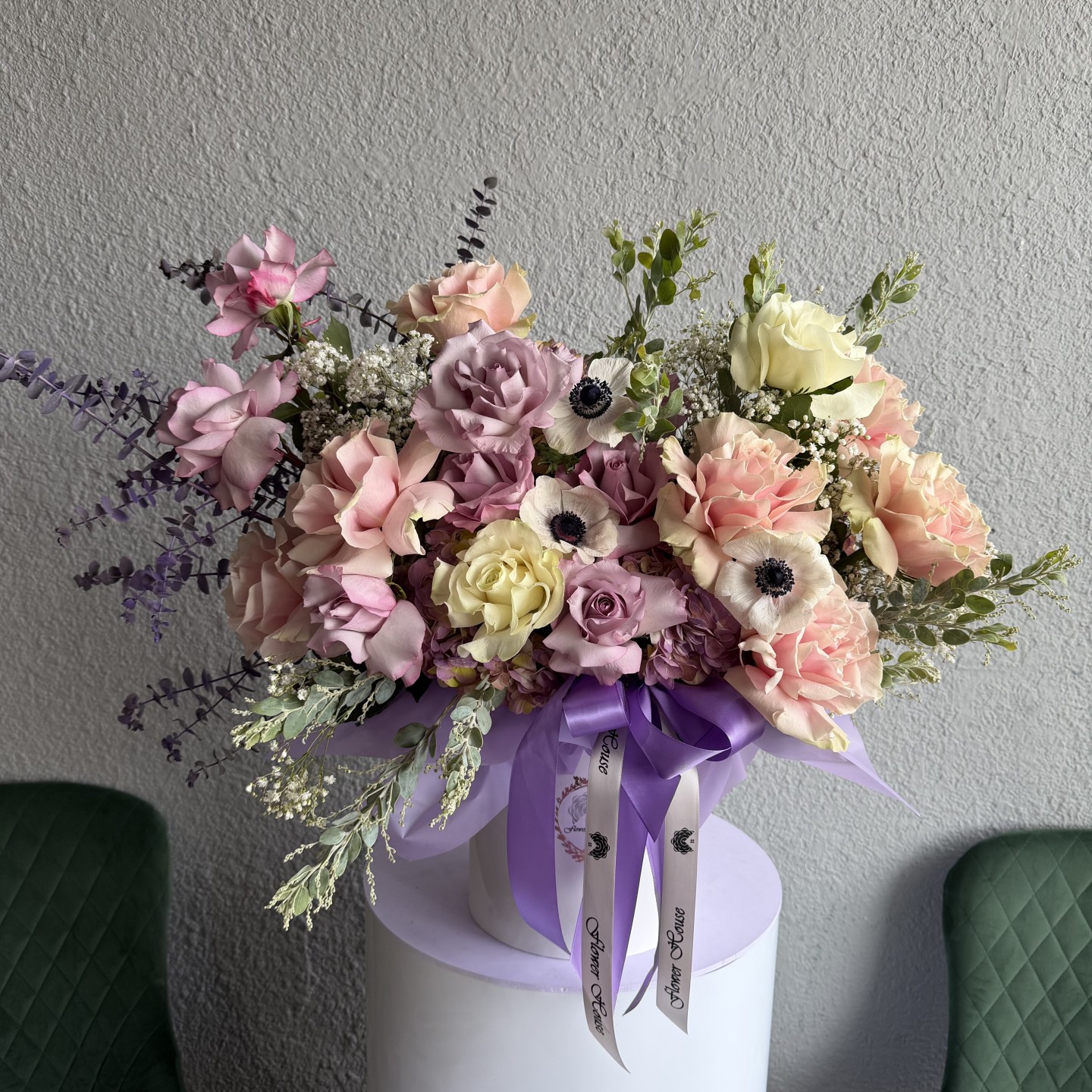 Blush Serenity Box – Opened Roses, Acacia, Anemones, Hydrangeas & Gypsophila