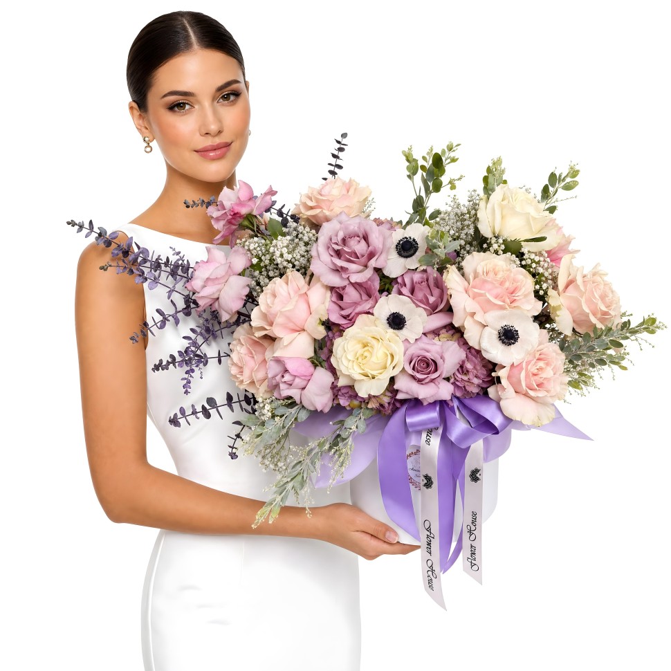 Blush Serenity Box – Opened Roses, Acacia, Anemones, Hydrangeas &