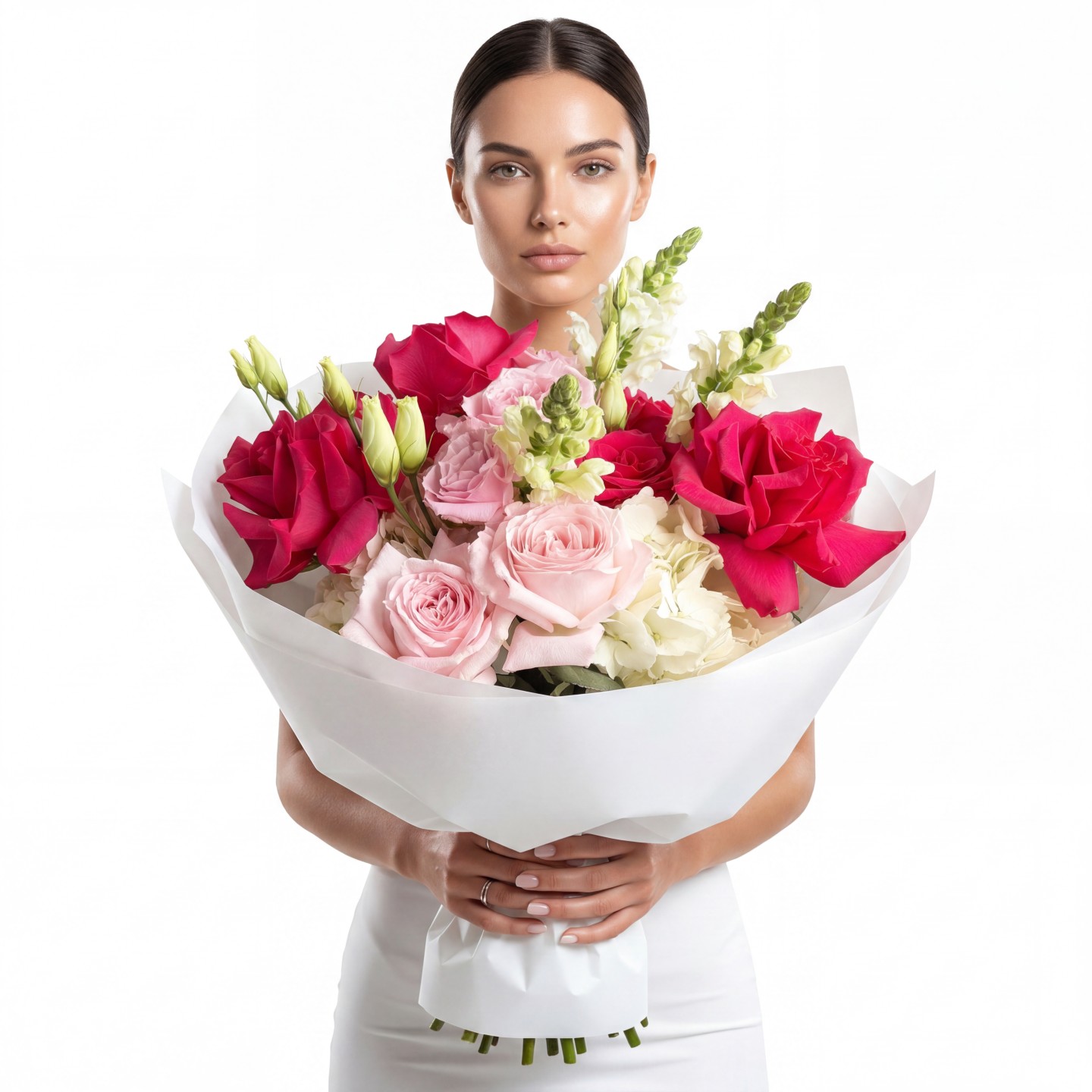 The Roseliane Hand-Tied Bouquet – Roses, Garden Roses, Snapdragons, Lisianthus