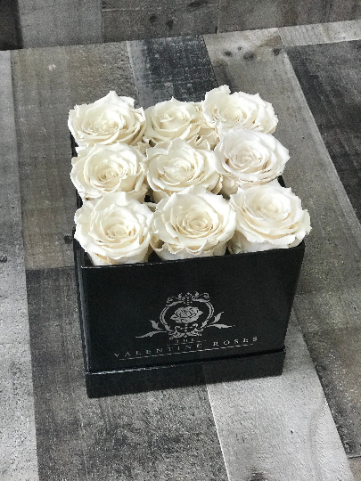 Long Lasting Roses in a Square Shaped Flower Box | 6" Medium Sized | Black & White