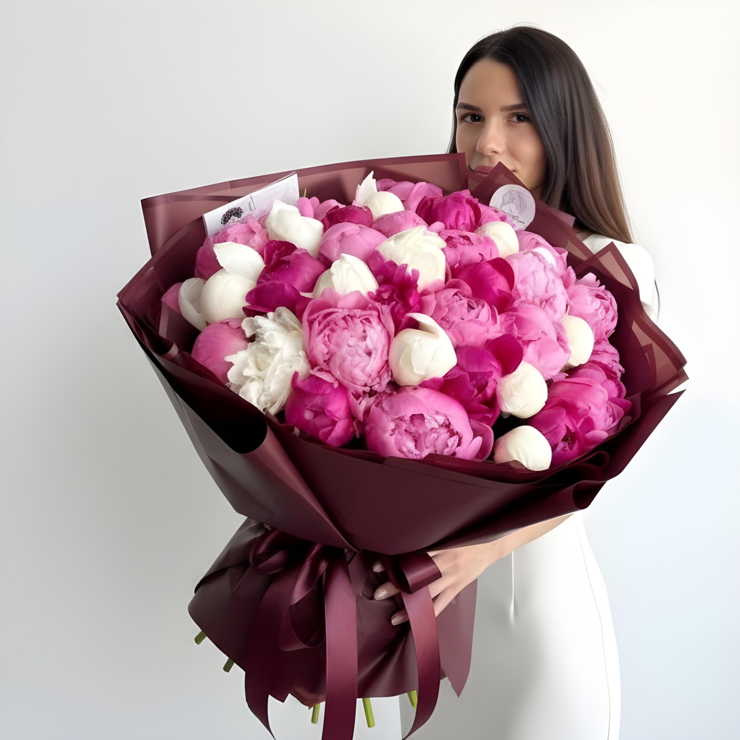 40 Assorted Peonies Hand-Tied Bouquet (White, Light Pink, Hot Pink)