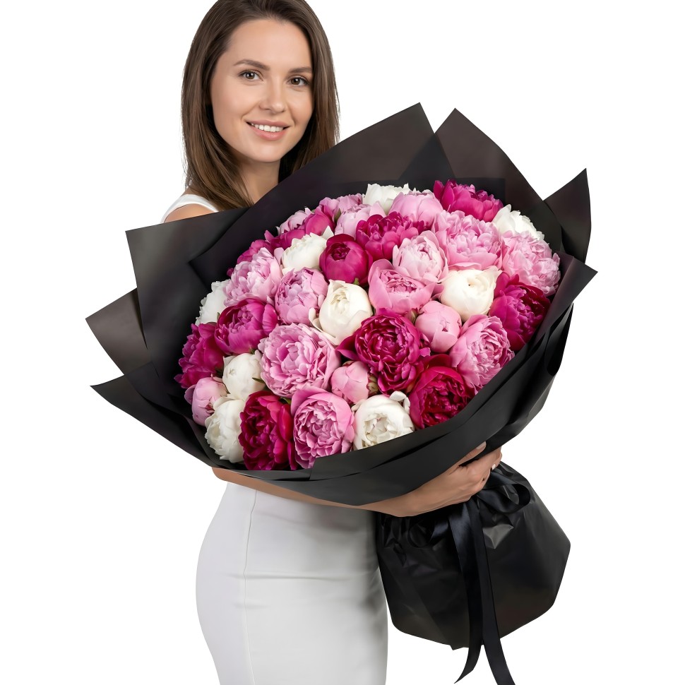40 Assorted Peonies Hand-Tied Bouquet (White, Light Pink, Hot Pink)